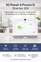 Qolsys IQ Panel 4 Power G Kit with a Built-In Verizon Cell Card, a PowerG Motion Sensor, and a PowerG Door/Window Sensor