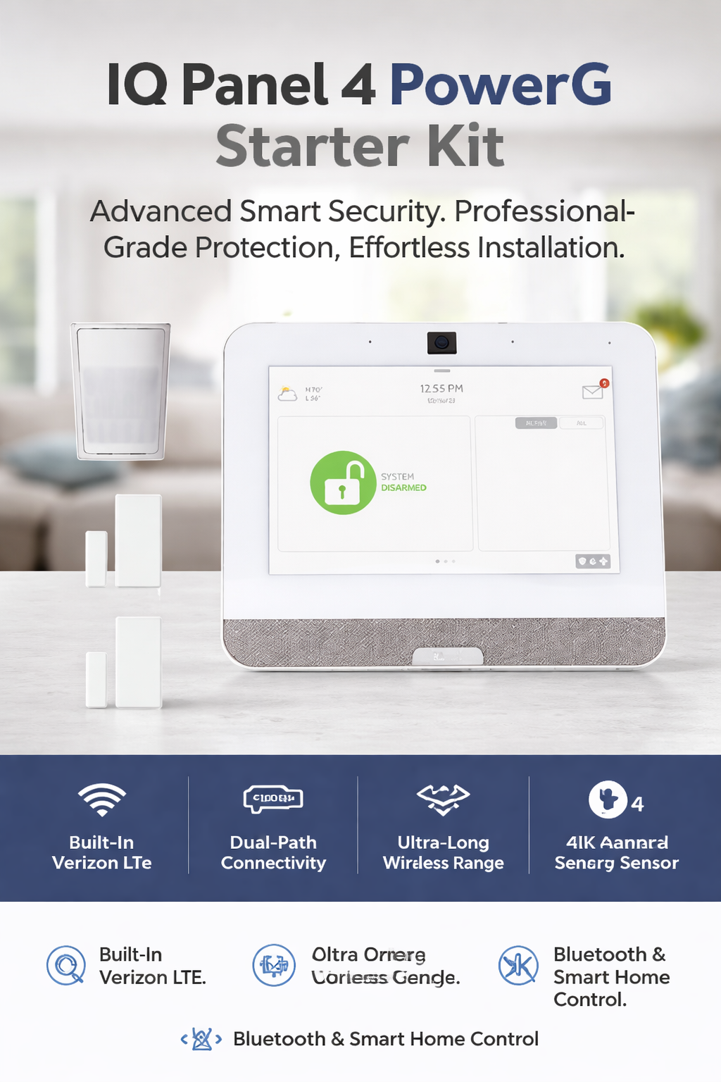 Qolsys IQ Panel 4 Power G Kit with a Built-In Verizon Cell Card, a PowerG Motion Sensor, and a PowerG Door/Window Sensor